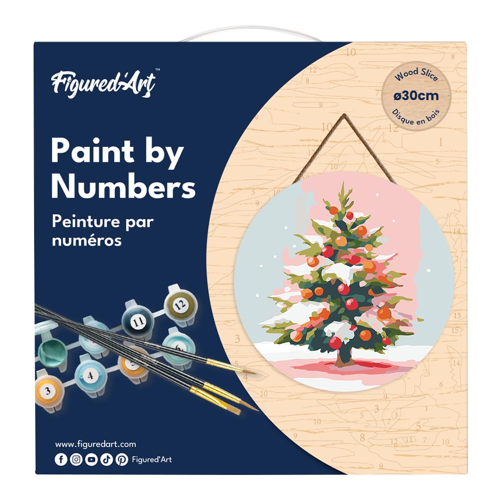 Malen nach Zahlen auf Holzscheibe – Weihnachtsbaum im Schnee