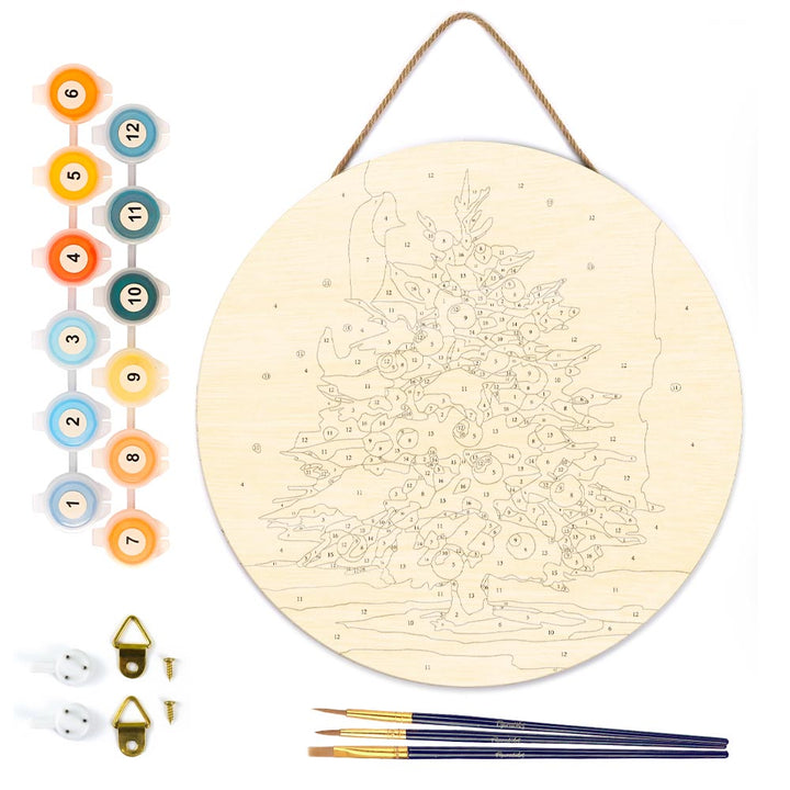 Malen nach Zahlen auf Holzscheibe – Weihnachtsbaum im Schnee