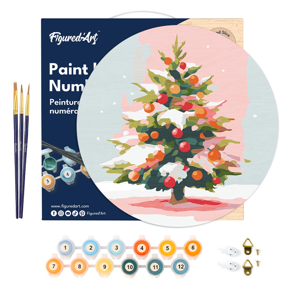 Malen nach Zahlen auf Holzscheibe – Weihnachtsbaum im Schnee
