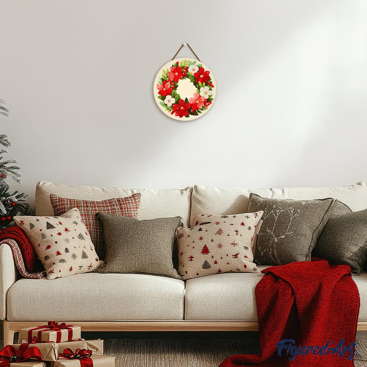 Malen nach Zahlen auf Holzscheibe – Blumenkranz zu Weihnachten