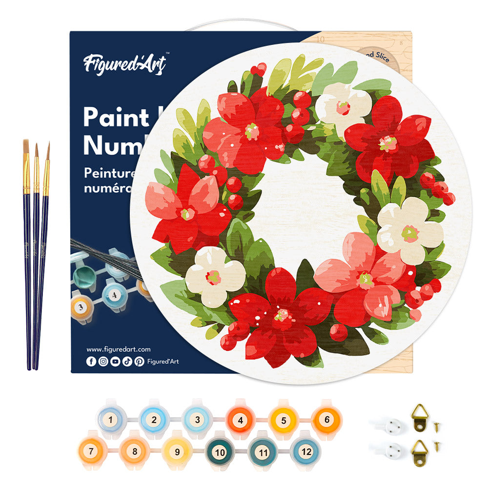 Malen nach Zahlen auf Holzscheibe – Blumenkranz zu Weihnachten