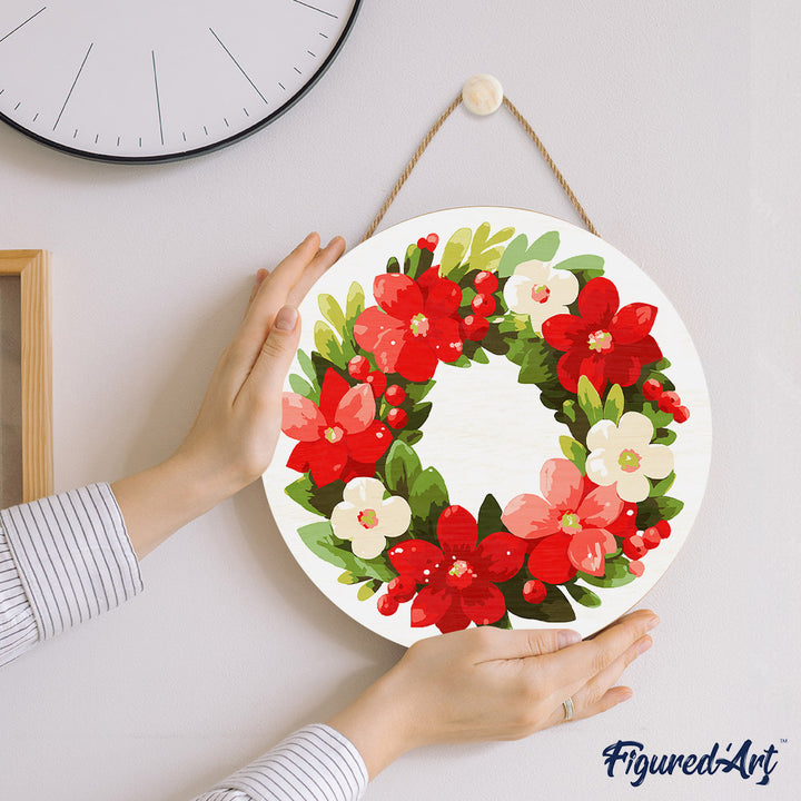 Malen nach Zahlen auf Holzscheibe – Blumenkranz zu Weihnachten