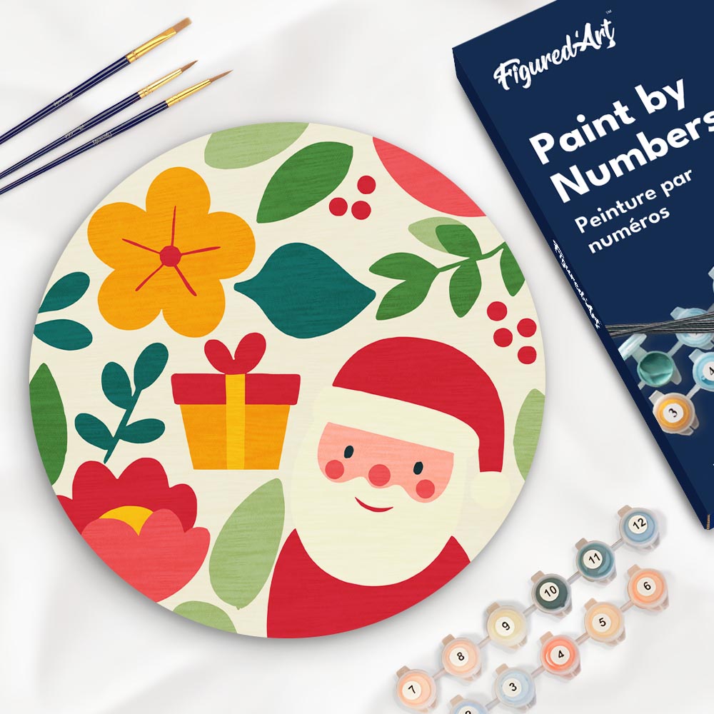 Malen nach Zahlen auf Holzscheibe – Weihnachtsmann und Blumen - Kidis Art