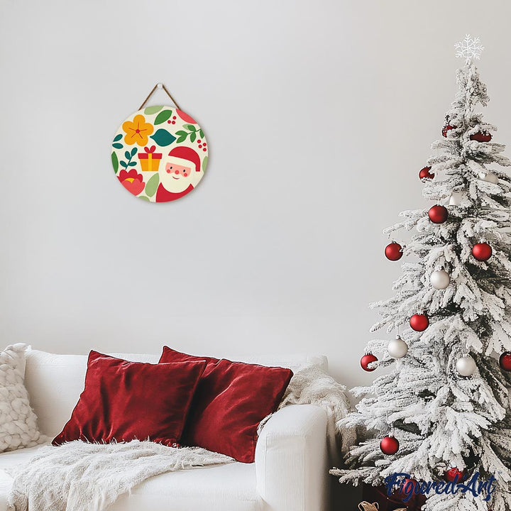 Malen nach Zahlen auf Holzscheibe – Weihnachtsmann und Blumen