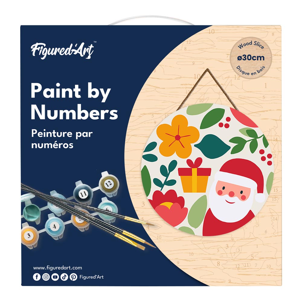 Malen nach Zahlen auf Holzscheibe – Weihnachtsmann und Blumen