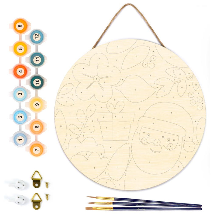 Malen nach Zahlen auf Holzscheibe – Weihnachtsmann und Blumen