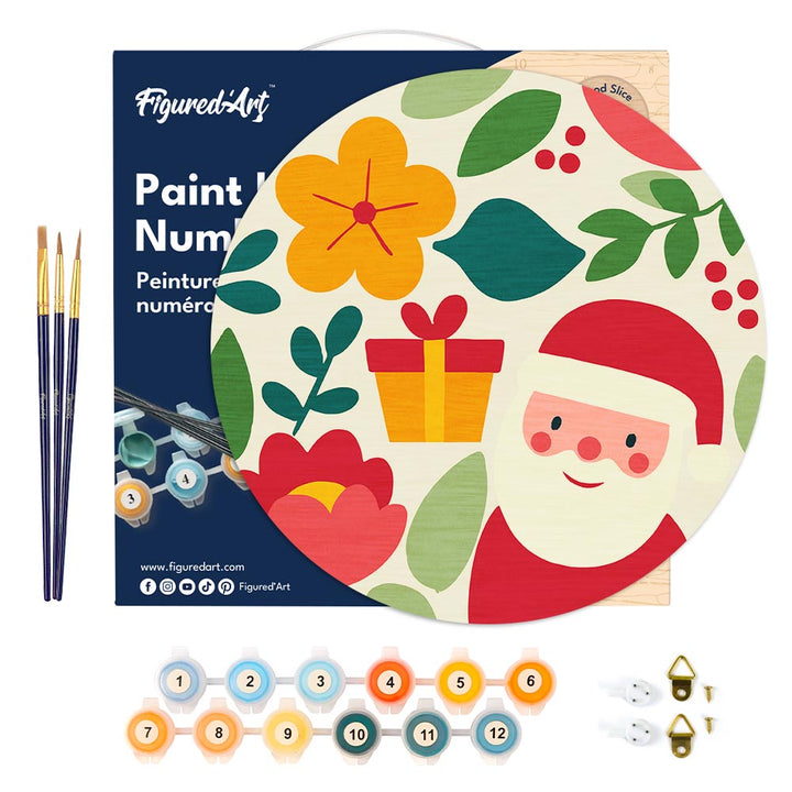 Malen nach Zahlen auf Holzscheibe – Weihnachtsmann und Blumen