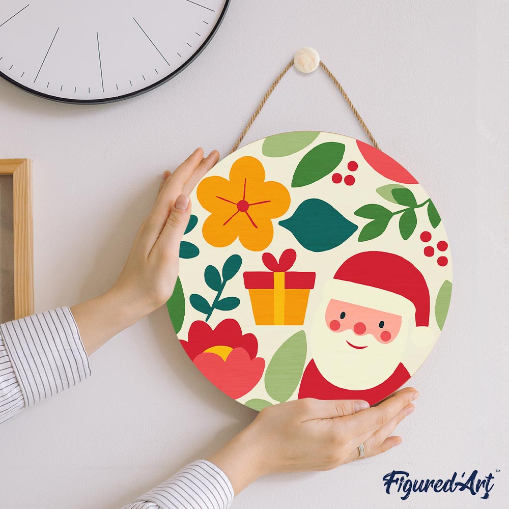 Malen nach Zahlen auf Holzscheibe – Weihnachtsmann und Blumen - Kidis Art