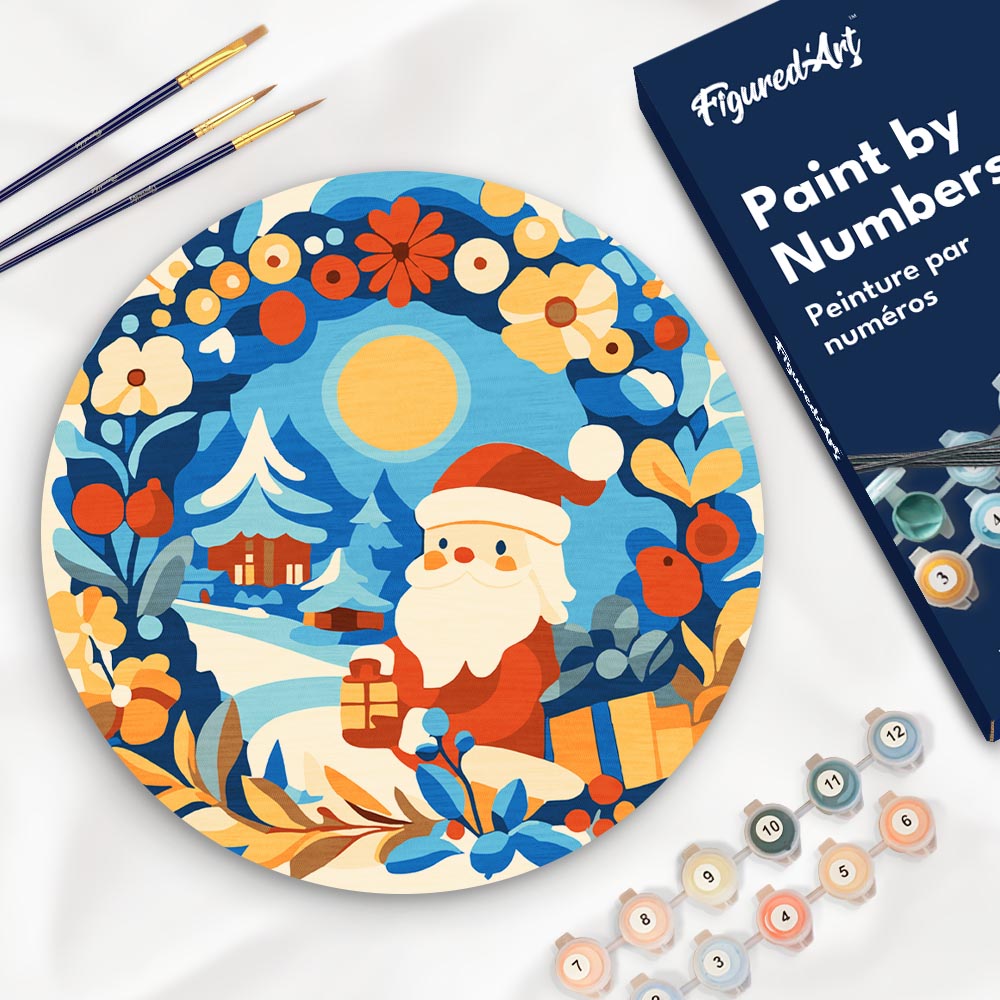 Malen nach Zahlen auf Holzscheibe –  Kranz und Weihnachtsmann - Kidis Art