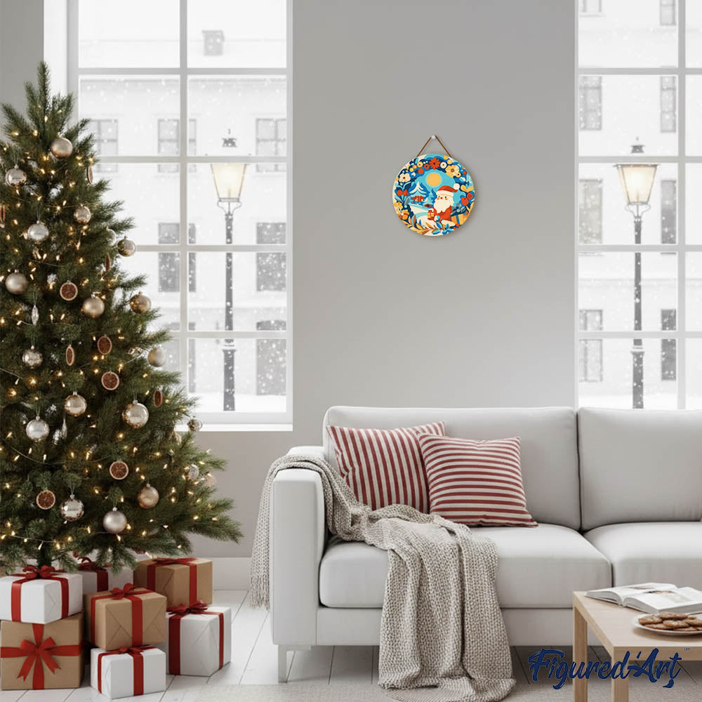 Malen nach Zahlen auf Holzscheibe –  Kranz und Weihnachtsmann - Kidis Art