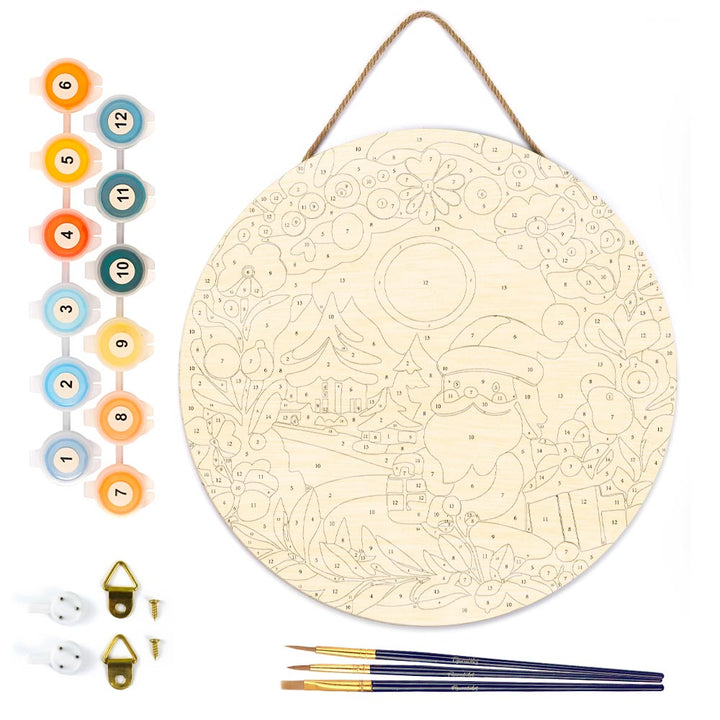 Malen nach Zahlen auf Holzscheibe –  Kranz und Weihnachtsmann