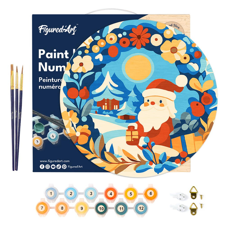 Malen nach Zahlen auf Holzscheibe –  Kranz und Weihnachtsmann