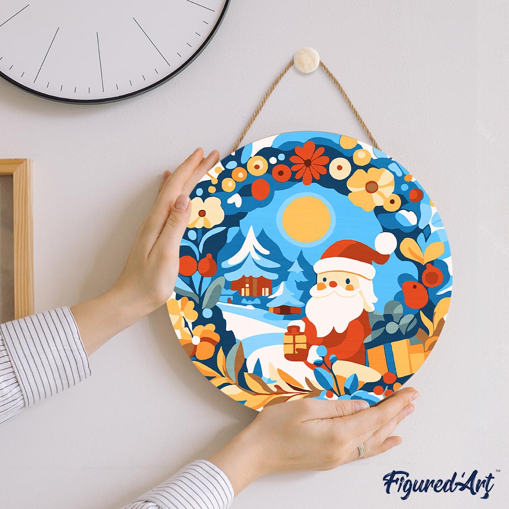 Malen nach Zahlen auf Holzscheibe –  Kranz und Weihnachtsmann - Kidis Art