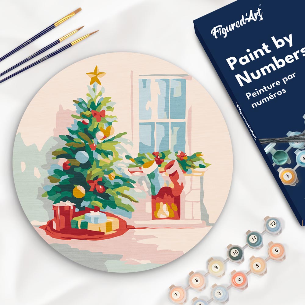 Malen nach Zahlen auf Holzscheibe – Tanne und Kamin