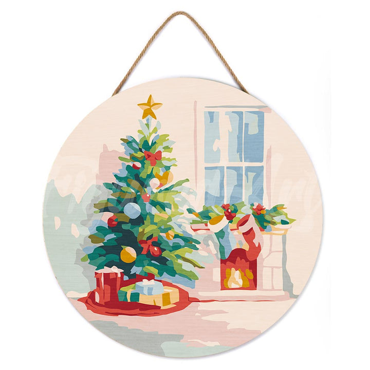 Malen nach Zahlen auf Holzscheibe – Tanne und Kamin