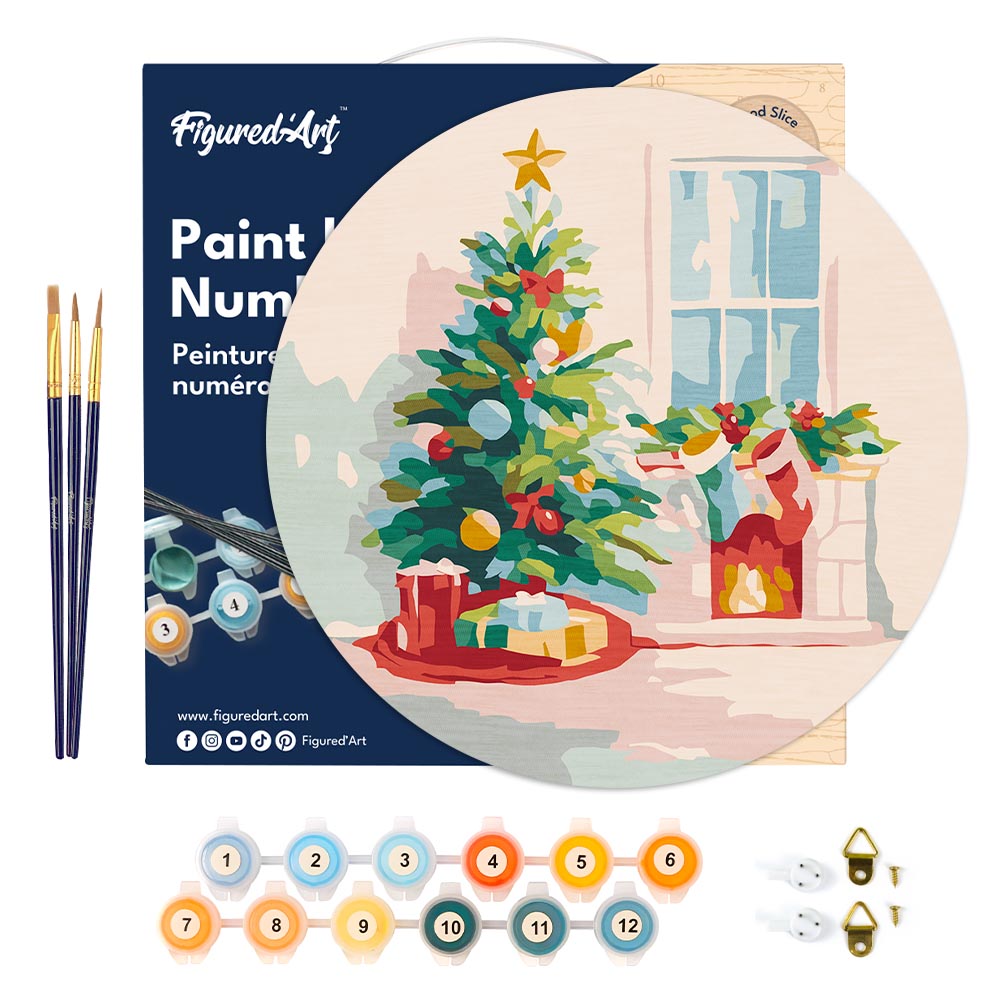 Malen nach Zahlen auf Holzscheibe – Tanne und Kamin