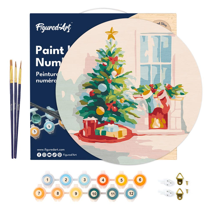 Malen nach Zahlen auf Holzscheibe – Tanne und Kamin