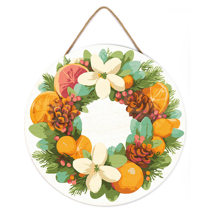 Malen nach Zahlen auf Holzscheibe – Kranz aus Zitrusfrüchten und Tanne