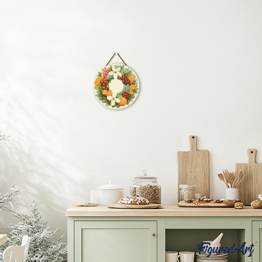 Malen nach Zahlen auf Holzscheibe – Kranz aus Zitrusfrüchten und Tanne