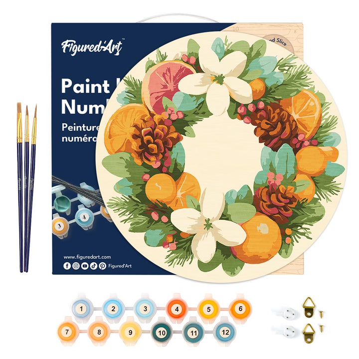 Malen nach Zahlen auf Holzscheibe – Kranz aus Zitrusfrüchten und Tanne