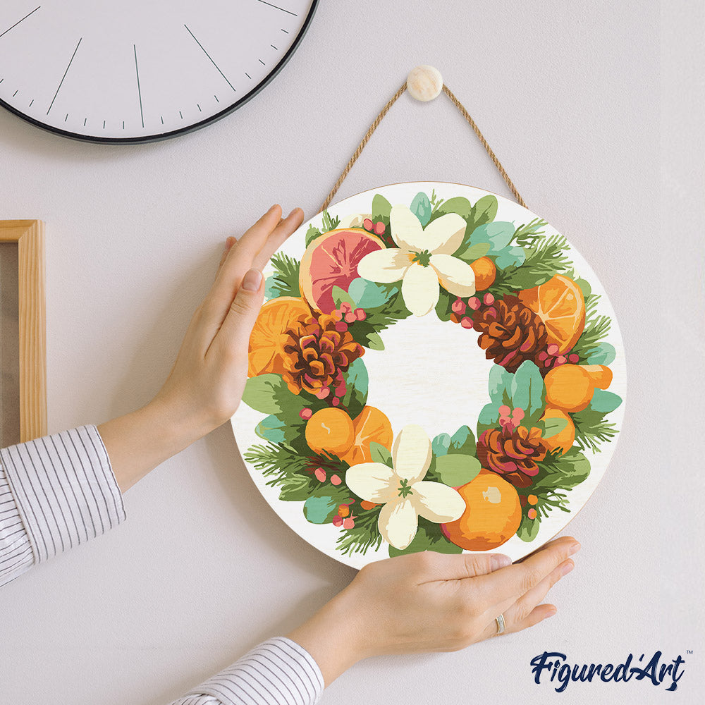 Malen nach Zahlen auf Holzscheibe – Kranz aus Zitrusfrüchten und Tanne