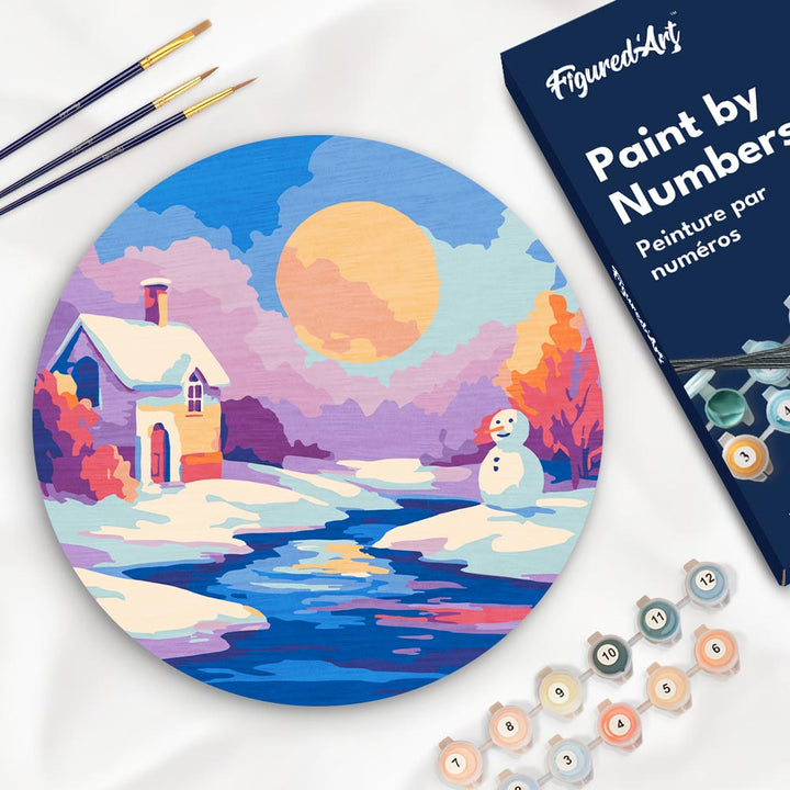 Malen nach Zahlen auf Holzscheibe – Winterszene bei Sonnenuntergang