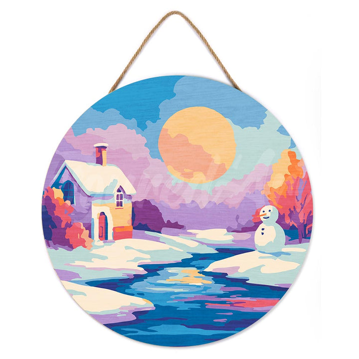 Malen nach Zahlen auf Holzscheibe – Winterszene bei Sonnenuntergang