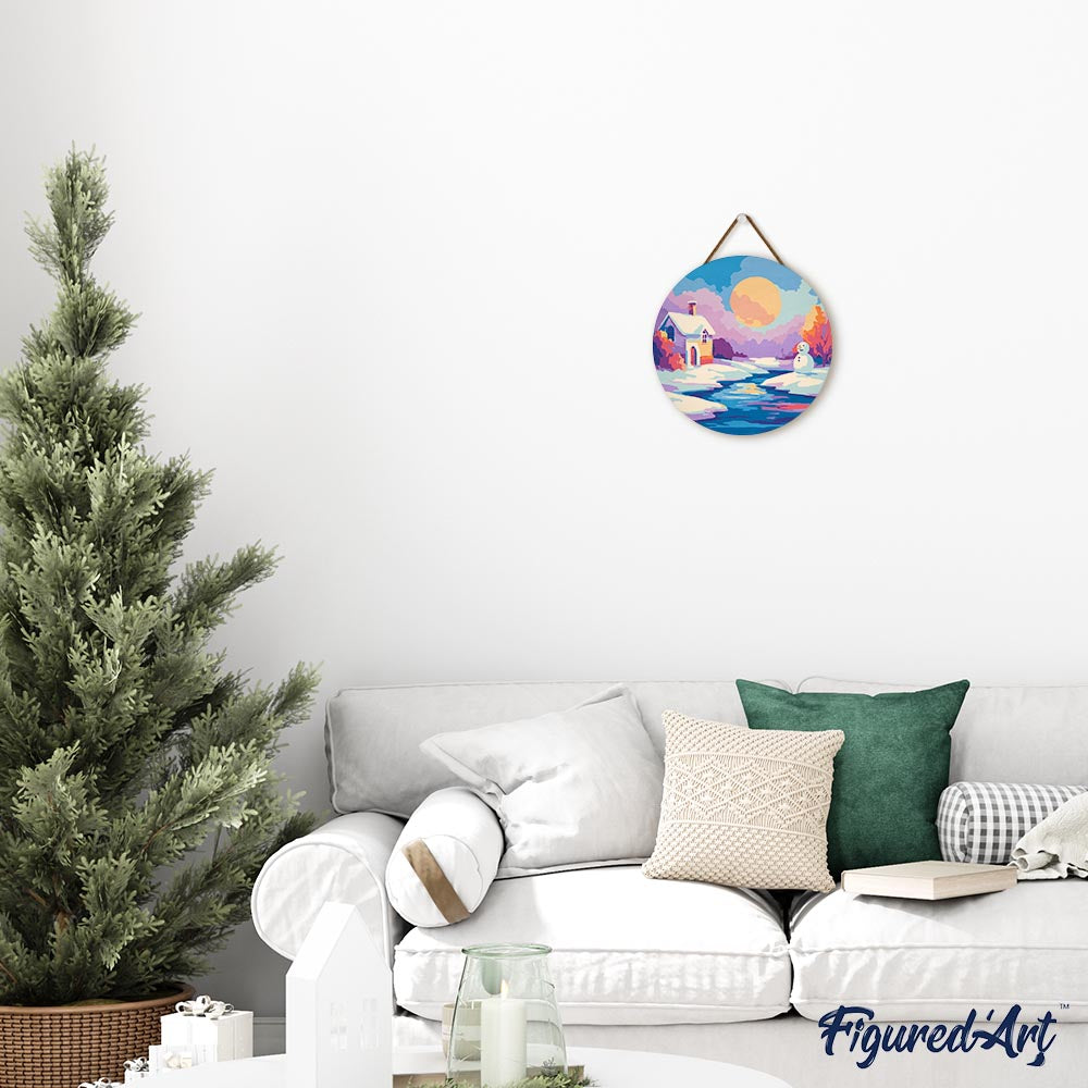 Malen nach Zahlen auf Holzscheibe – Winterszene bei Sonnenuntergang