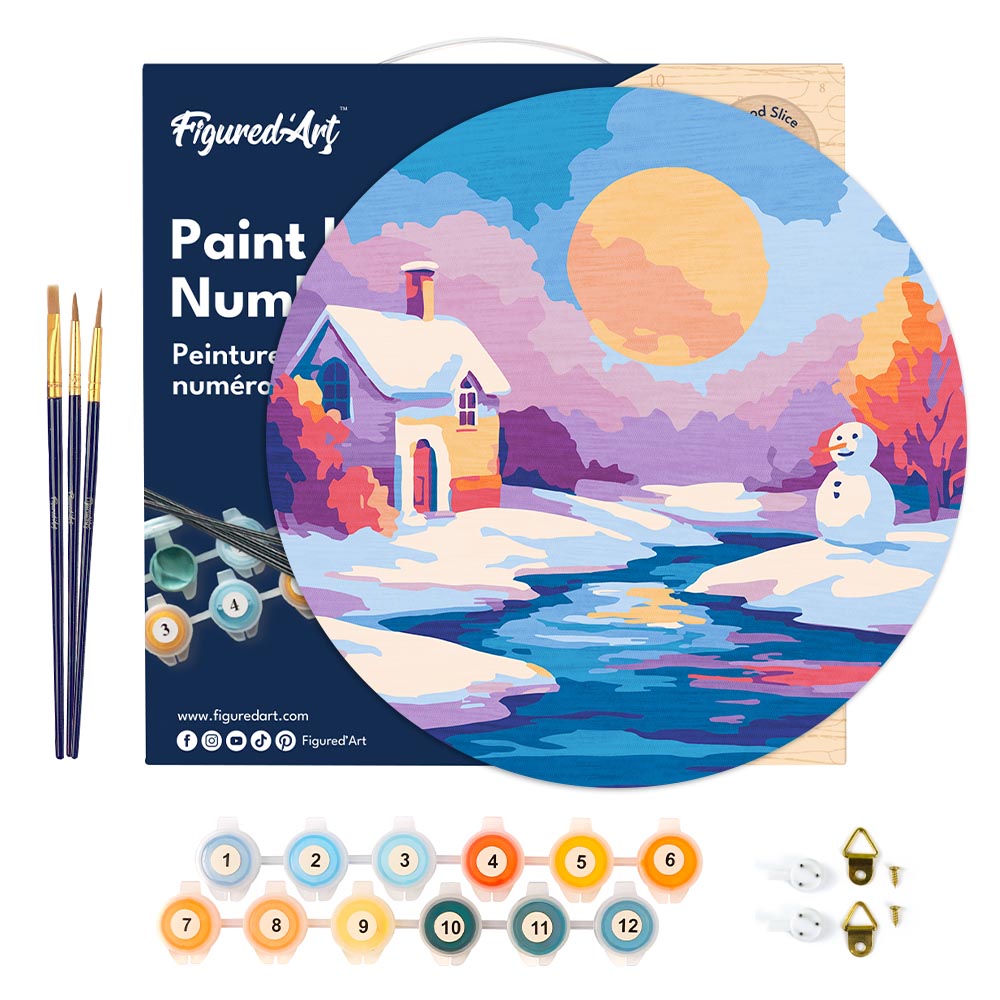 Malen nach Zahlen auf Holzscheibe – Winterszene bei Sonnenuntergang