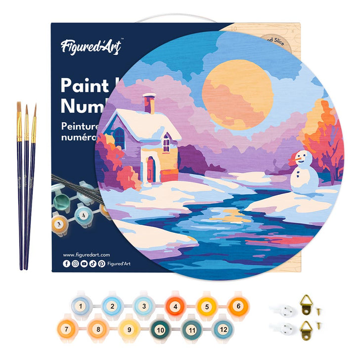 Malen nach Zahlen auf Holzscheibe – Winterszene bei Sonnenuntergang
