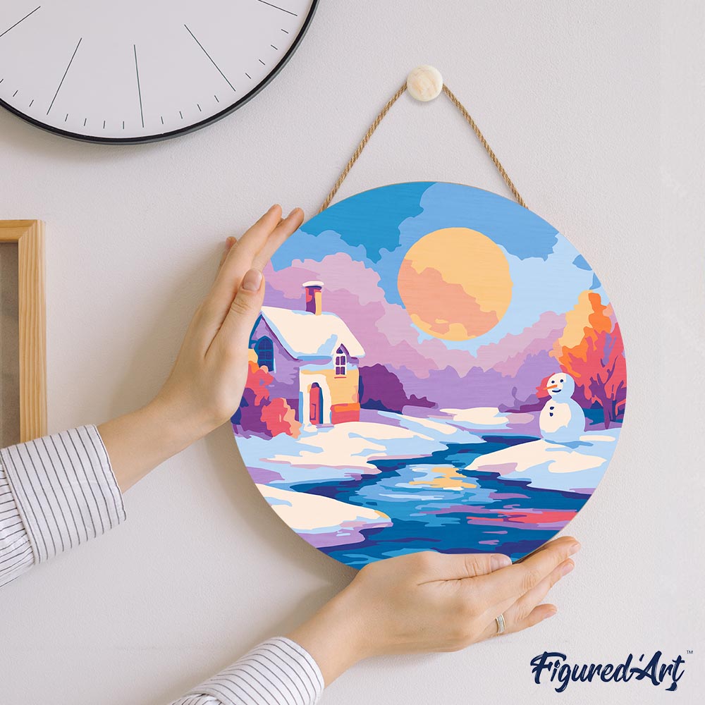 Malen nach Zahlen auf Holzscheibe – Winterszene bei Sonnenuntergang