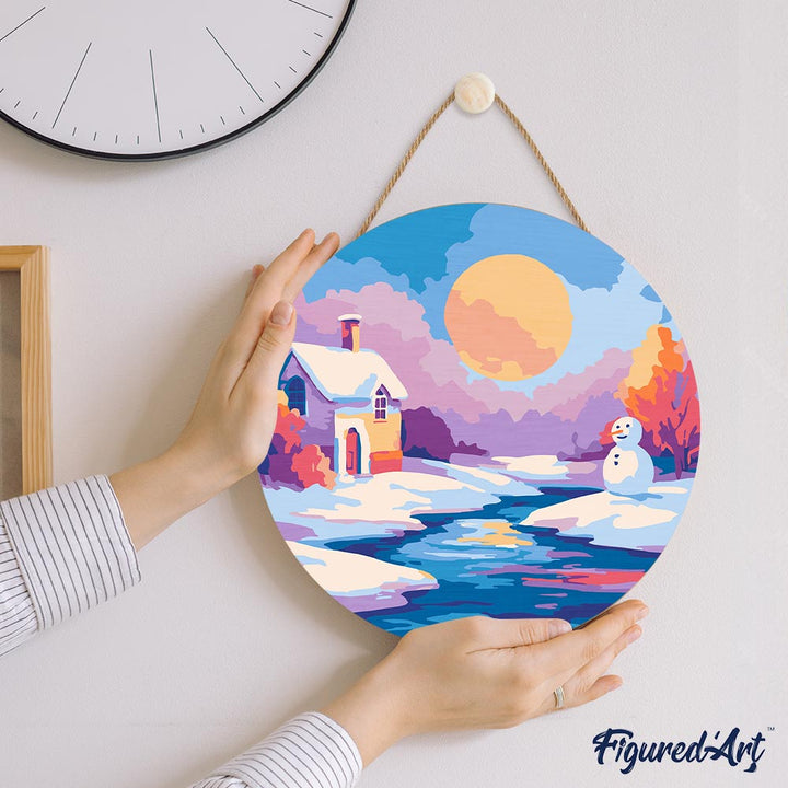 Malen nach Zahlen auf Holzscheibe – Winterszene bei Sonnenuntergang