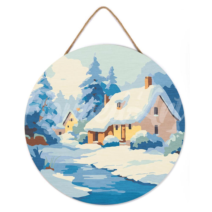Malen nach Zahlen auf Holzscheibe – Chalet im Winter