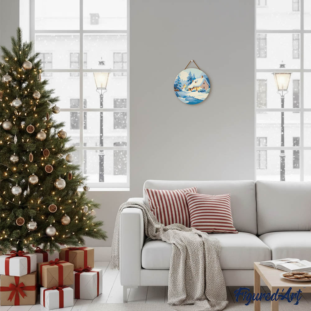 Malen nach Zahlen auf Holzscheibe – Chalet im Winter