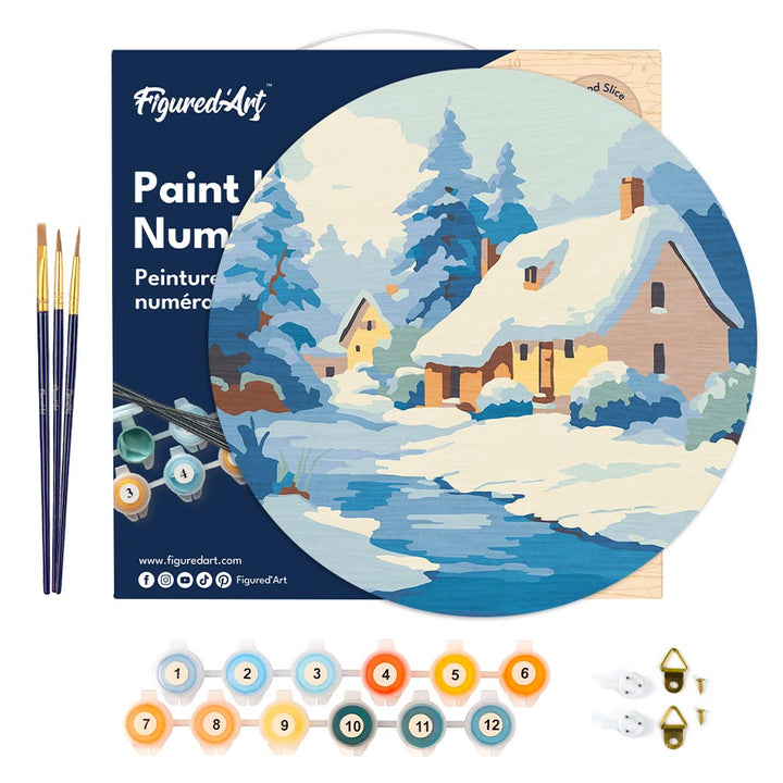 Malen nach Zahlen auf Holzscheibe – Chalet im Winter