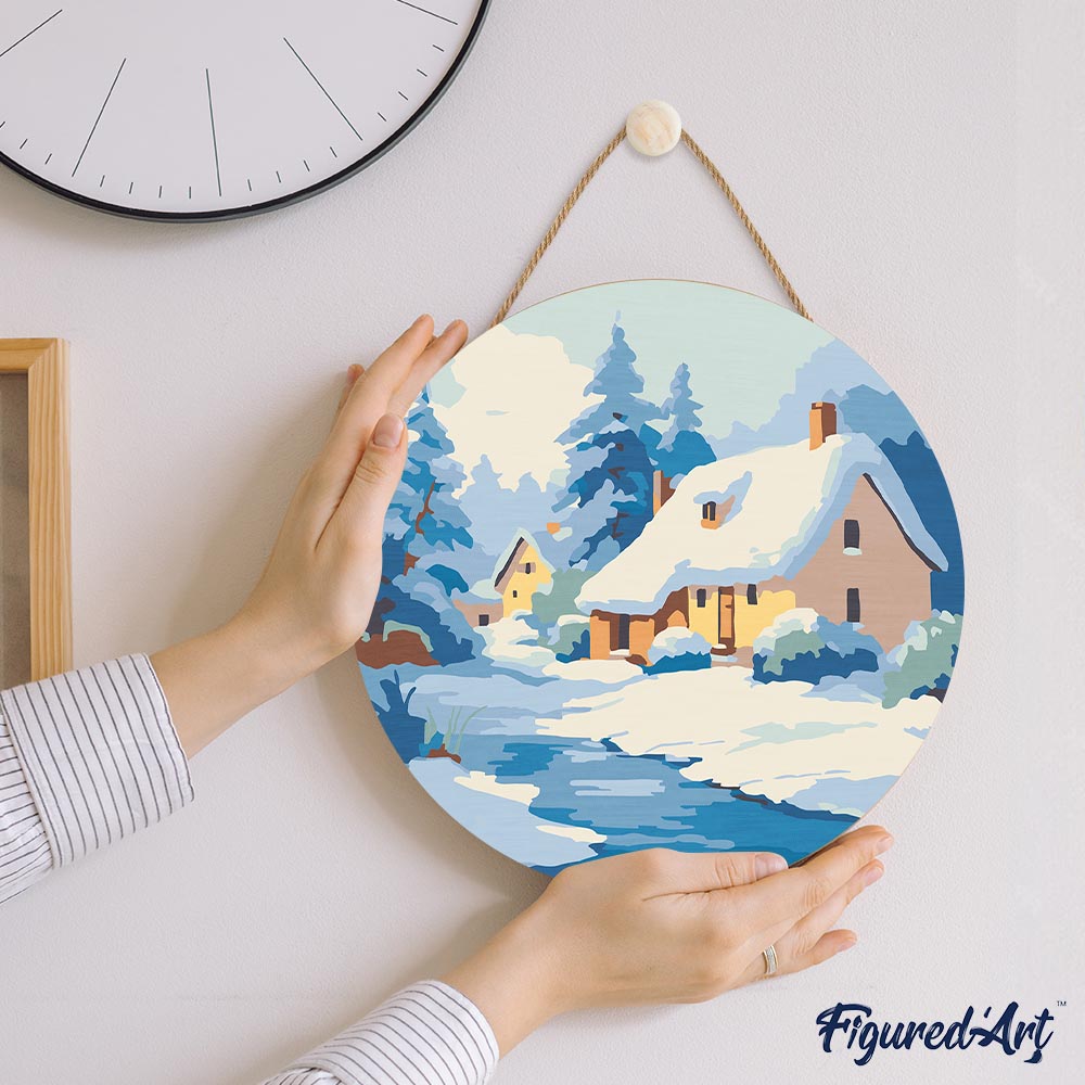 Malen nach Zahlen auf Holzscheibe – Chalet im Winter