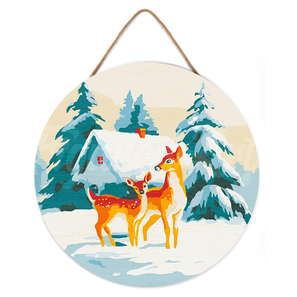 Malen nach Zahlen auf Holzscheibe – Rehe und Hütte