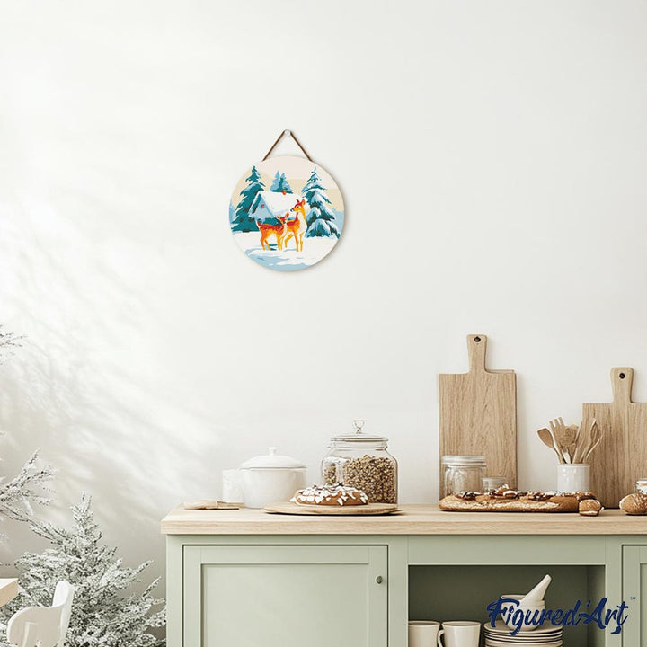 Malen nach Zahlen auf Holzscheibe – Rehe und Hütte