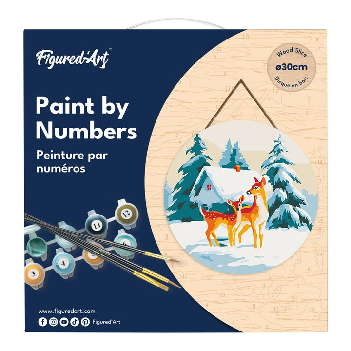 Malen nach Zahlen auf Holzscheibe – Rehe und Hütte