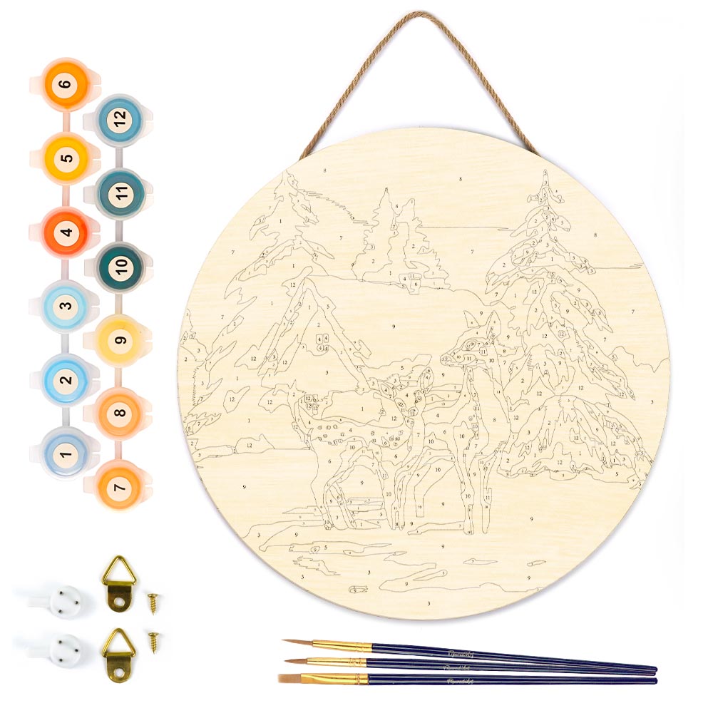 Malen nach Zahlen auf Holzscheibe – Rehe und Hütte