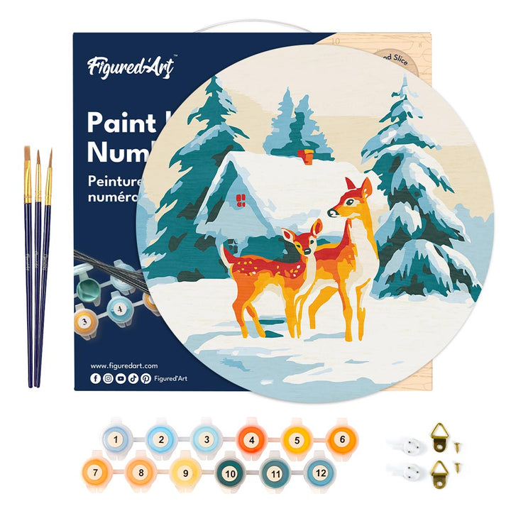 Malen nach Zahlen auf Holzscheibe – Rehe und Hütte
