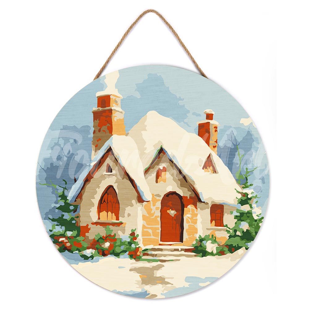 Malen nach Zahlen auf Holzscheibe – Backsteinhaus im Schnee