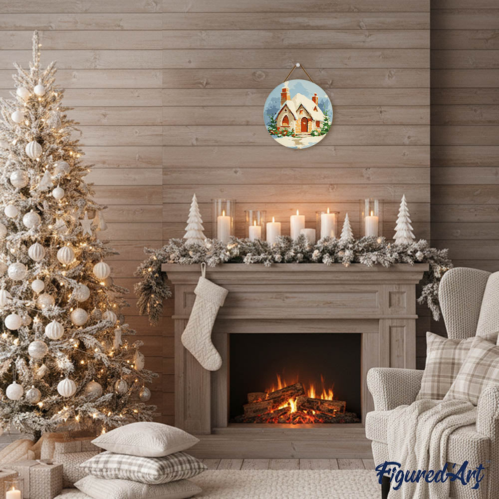 Malen nach Zahlen auf Holzscheibe – Backsteinhaus im Schnee