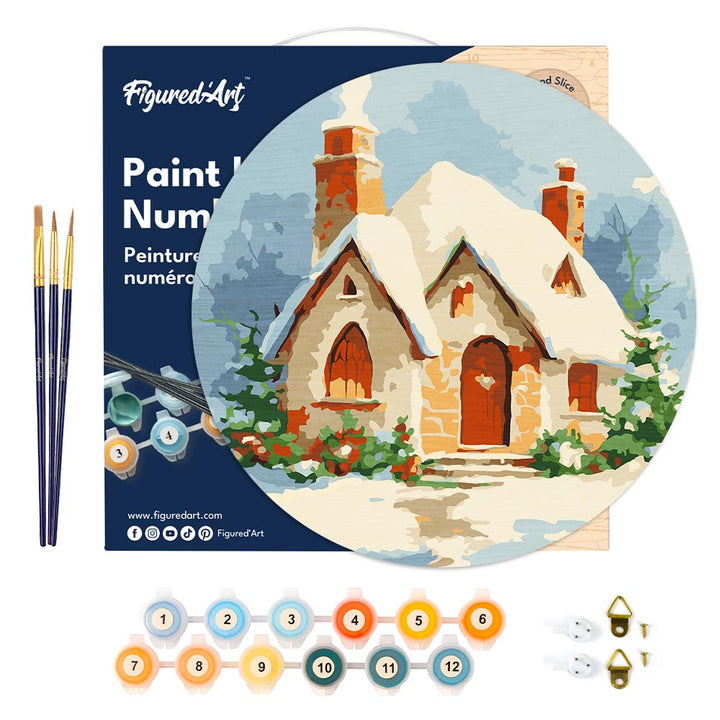 Malen nach Zahlen auf Holzscheibe – Backsteinhaus im Schnee