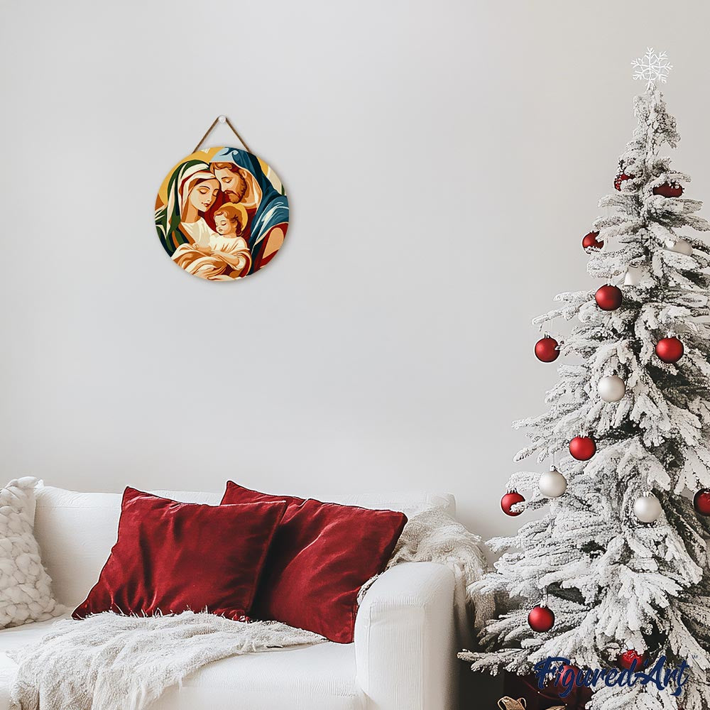 Malen nach Zahlen auf Holzscheibe – Heilige Familie