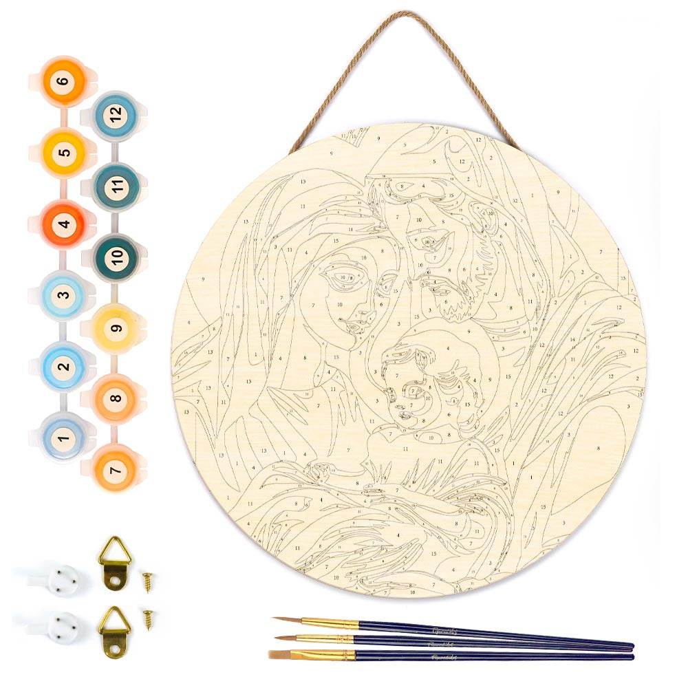 Malen nach Zahlen auf Holzscheibe – Heilige Familie