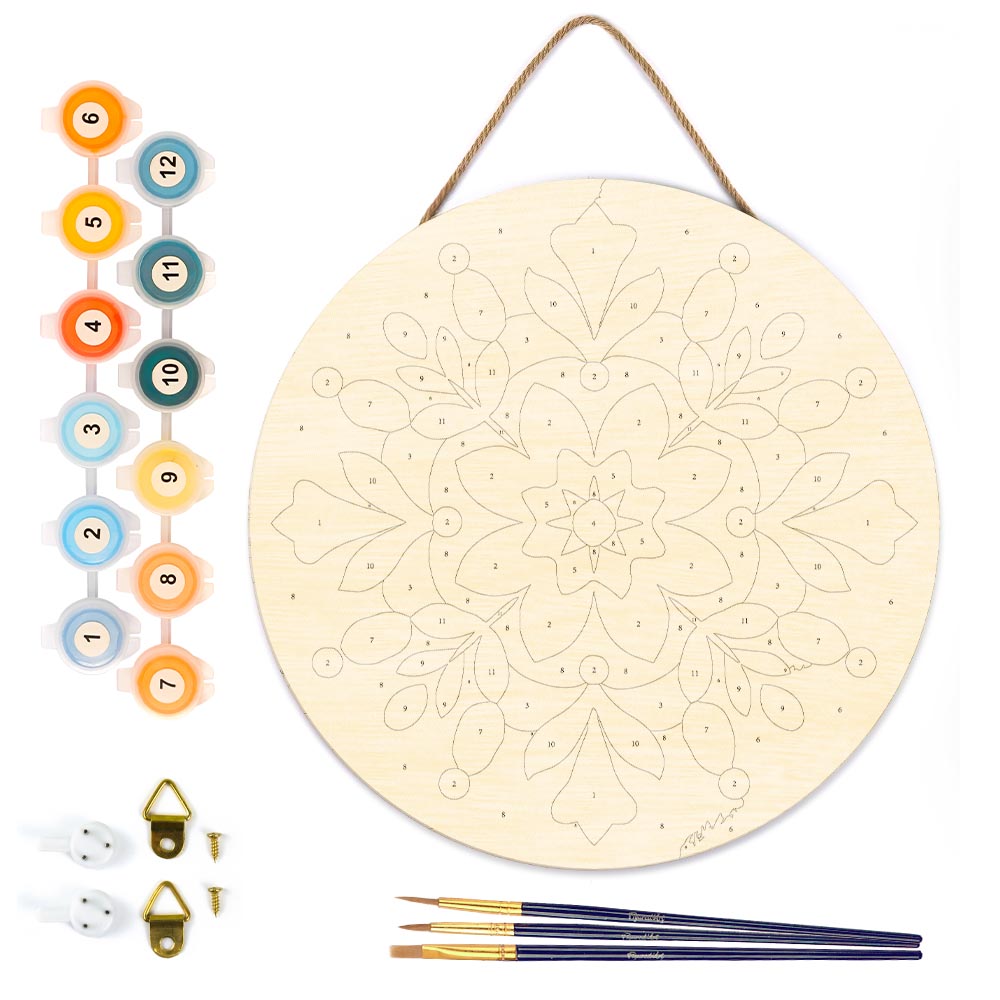 Malen nach Zahlen auf Holzscheibe – Wintermandala