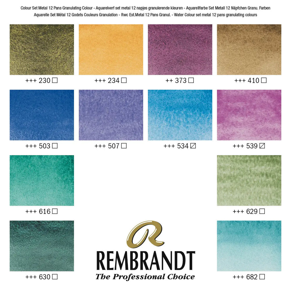 Rembrandt Aquarellfarben-Set im Metalletui mit granulierenden Farben | 12 Näpfchen + Pinsel Rembrandt