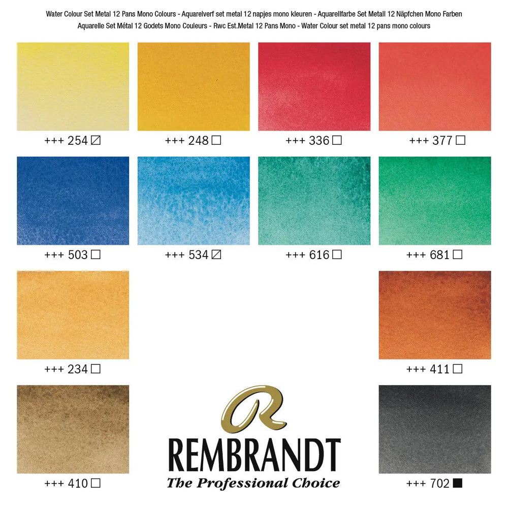 Rembrandt Aquarellfarben-Set im Metalletui mit monopigmentierte Farbauswahl I 12 Näpfchen + Pinsel Rembrandt