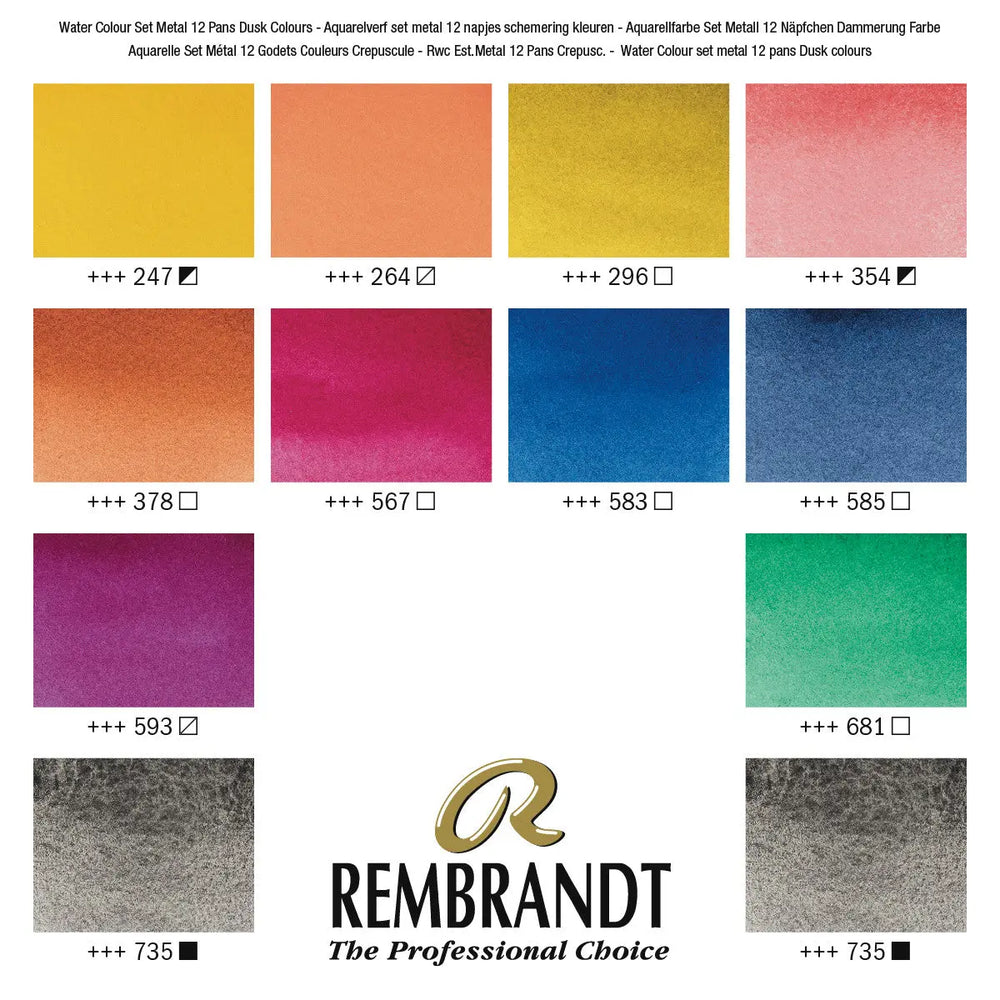Rembrandt Aquarellfarben-Set im Metalletui zum Mischen mit Oxidschwarz | 12 Näpfchen + Pinsel Rembrandt